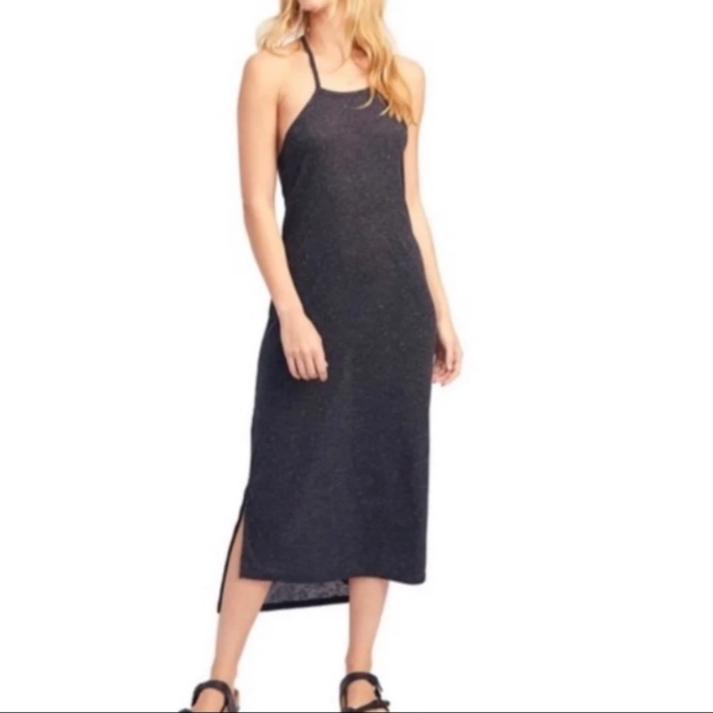 Free People beach black speckled tank midi dress side slits lightweight Flax Lin